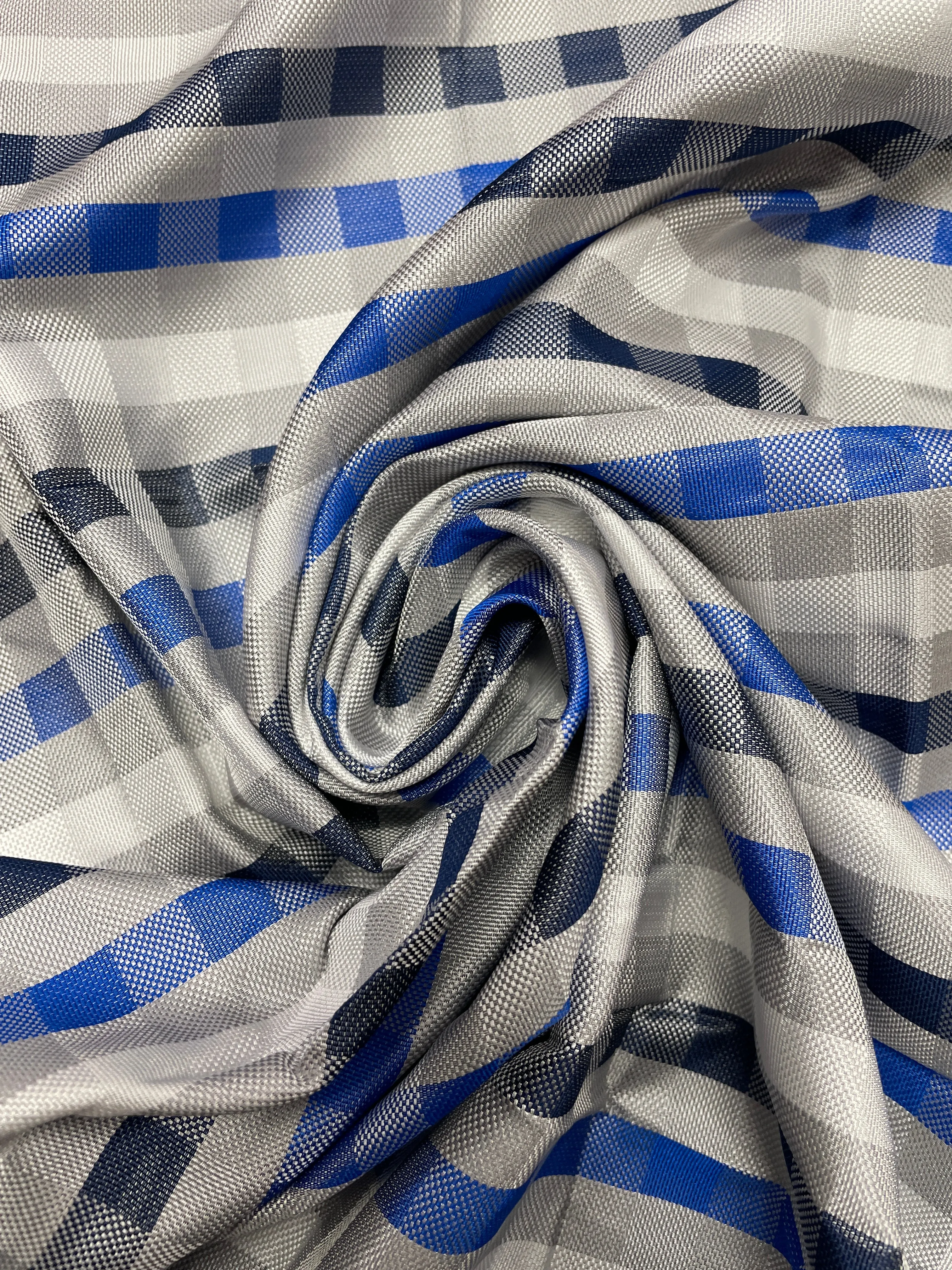 1  YD Tie Silk Yarn-Dyed Plaid - Gray, Royal Blue, Navy Blue and White
