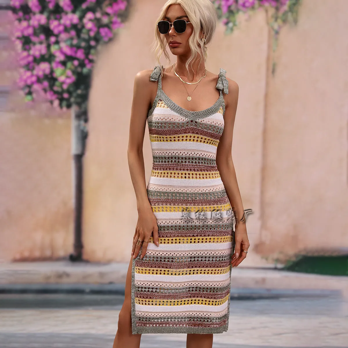 2025 spring and summer New  new  knitted fashion straps temperament long skirt striped women's knitted sweater