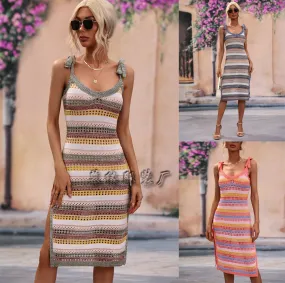2025 spring and summer New  new  knitted fashion straps temperament long skirt striped women's knitted sweater
