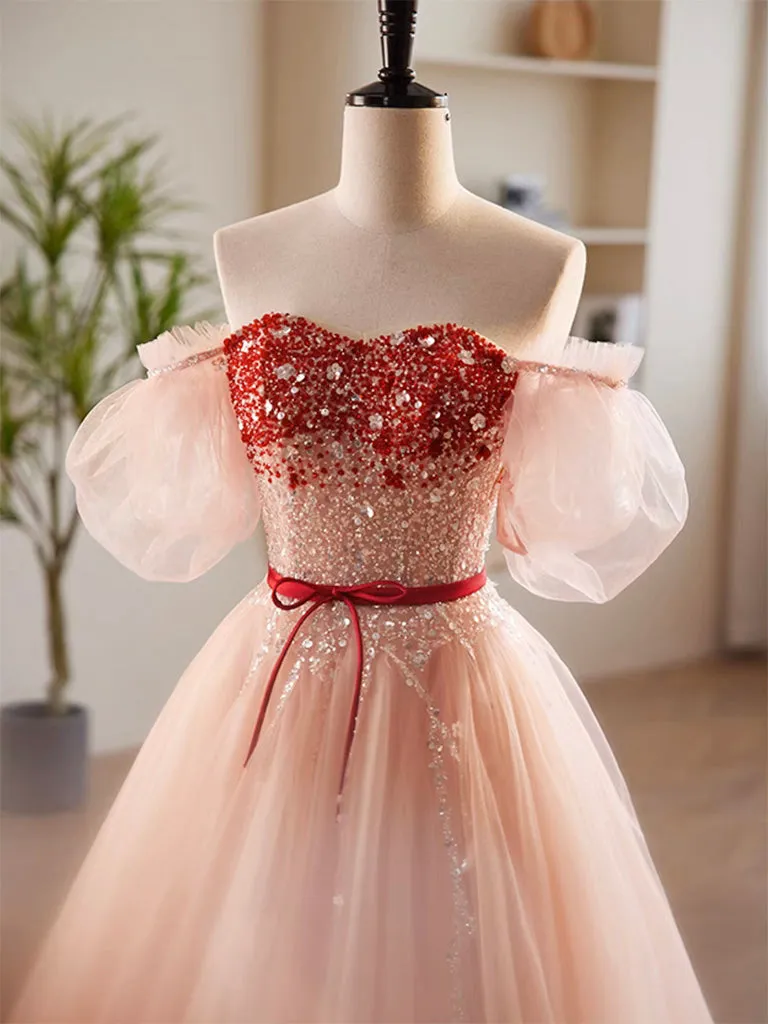 Long Pink A-Line Prom Dress with Sweetheart Neckline and Sequin Tulle, Formal Evening Gown