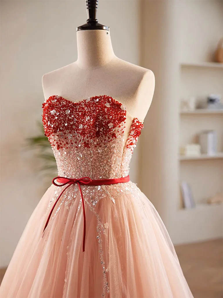 Long Pink A-Line Prom Dress with Sweetheart Neckline and Sequin Tulle, Formal Evening Gown
