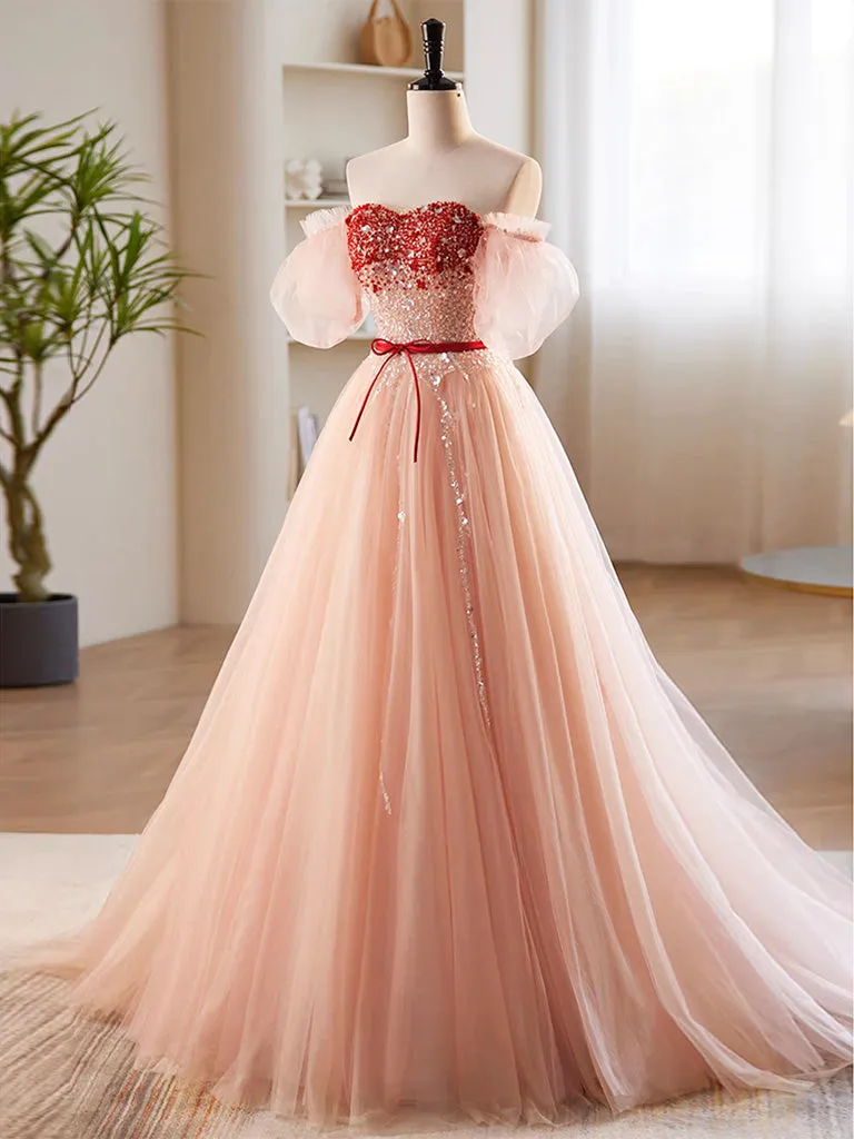 Long Pink A-Line Prom Dress with Sweetheart Neckline and Sequin Tulle, Formal Evening Gown