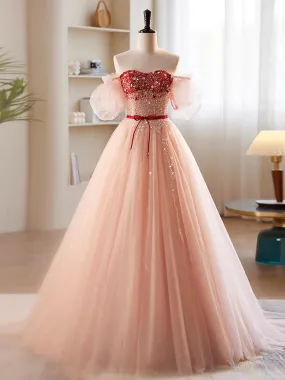 Long Pink A-Line Prom Dress with Sweetheart Neckline and Sequin Tulle, Formal Evening Gown