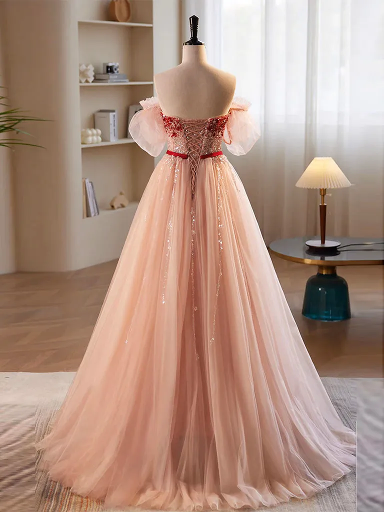 Long Pink A-Line Prom Dress with Sweetheart Neckline and Sequin Tulle, Formal Evening Gown