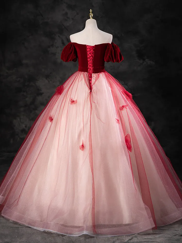 A-Line Tulle Burgundy Long Prom Dress, Burgundy Long Formal Dress