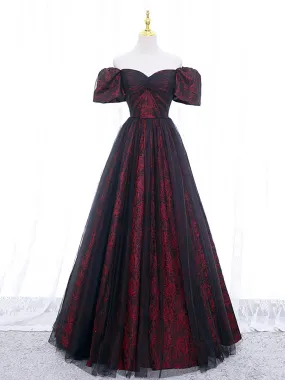 Elegant A-Line Black/Burgundy Tulle Lace Long Prom and Formal Dress