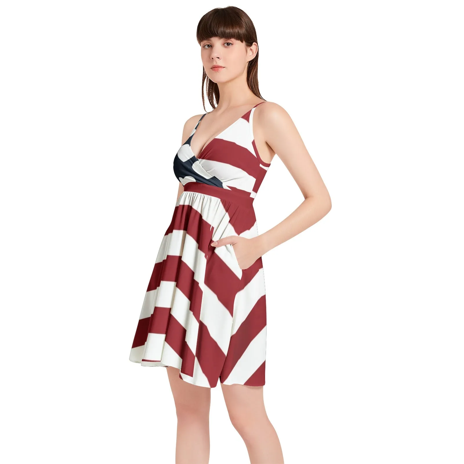 Americana USA Spaghetti Strap Sleeveless Falred Hem Short Dress