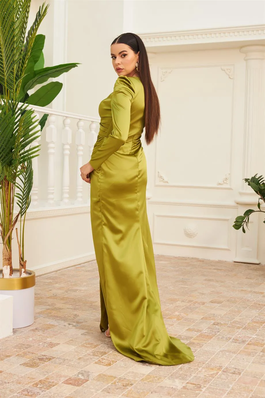 Angelino Khaki Satin Long Sleeve Slit Evening Dress