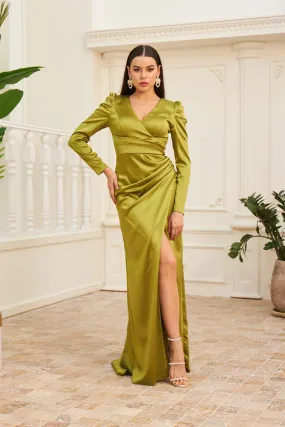 Angelino Khaki Satin Long Sleeve Slit Evening Dress