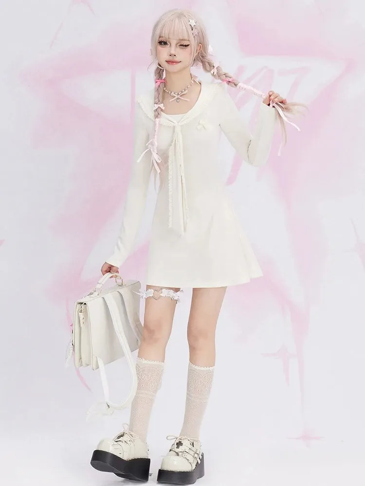 Apricot Sailor Collar High Waist Knitted Dress