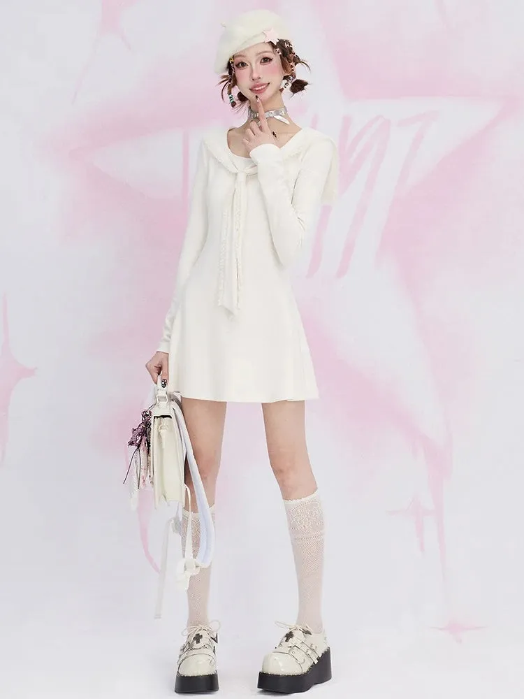 Apricot Sailor Collar High Waist Knitted Dress