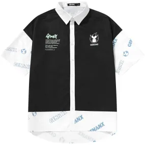 Asymmetric Hem Color Block Letter Full Print Shirt