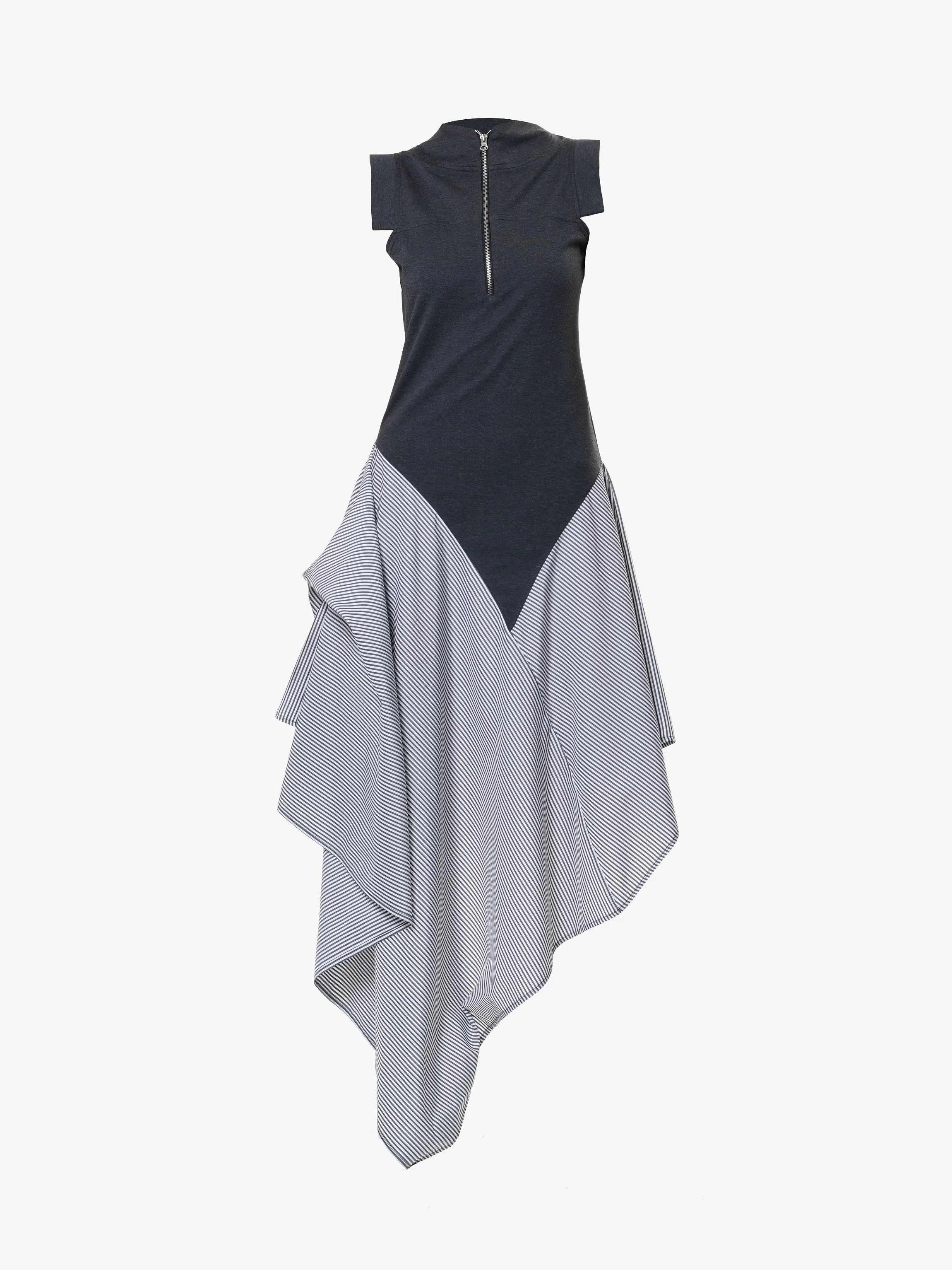 Asymmetric Stripped Pattern Dress With Gray Top