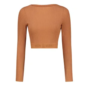 AVA RIB BOATNECK CROP TOP WITH LOGO ELASTIC DARK CAMEL
