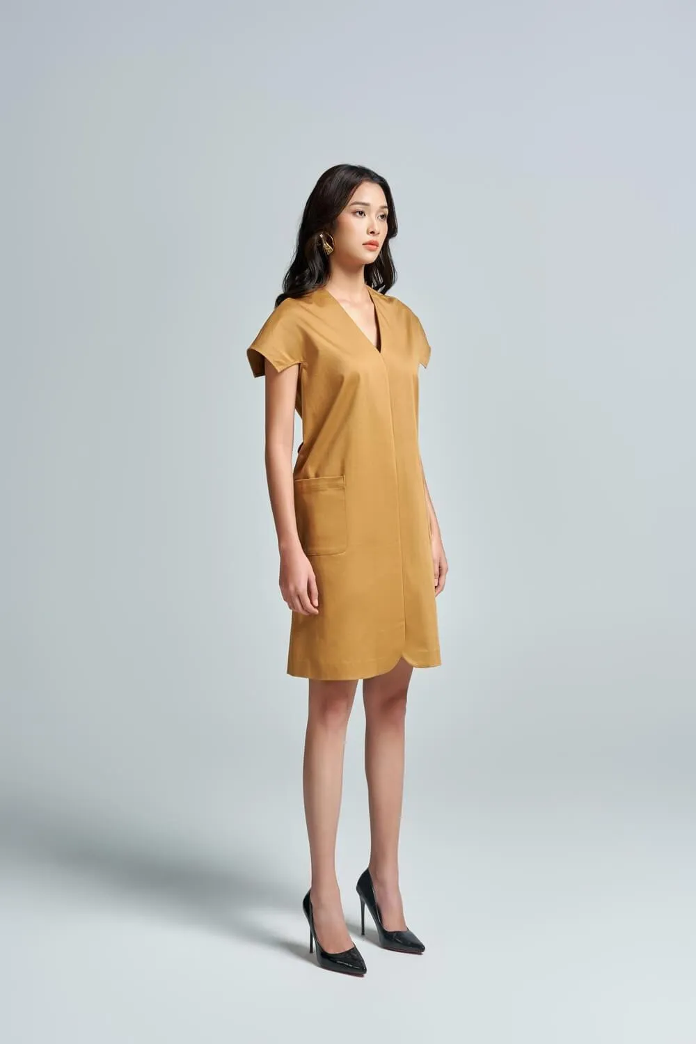 Aviva Straight V-Neck Khaki Mini Dress