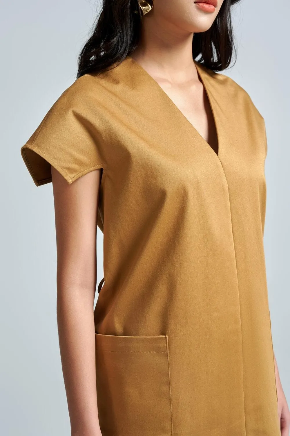 Aviva Straight V-Neck Khaki Mini Dress