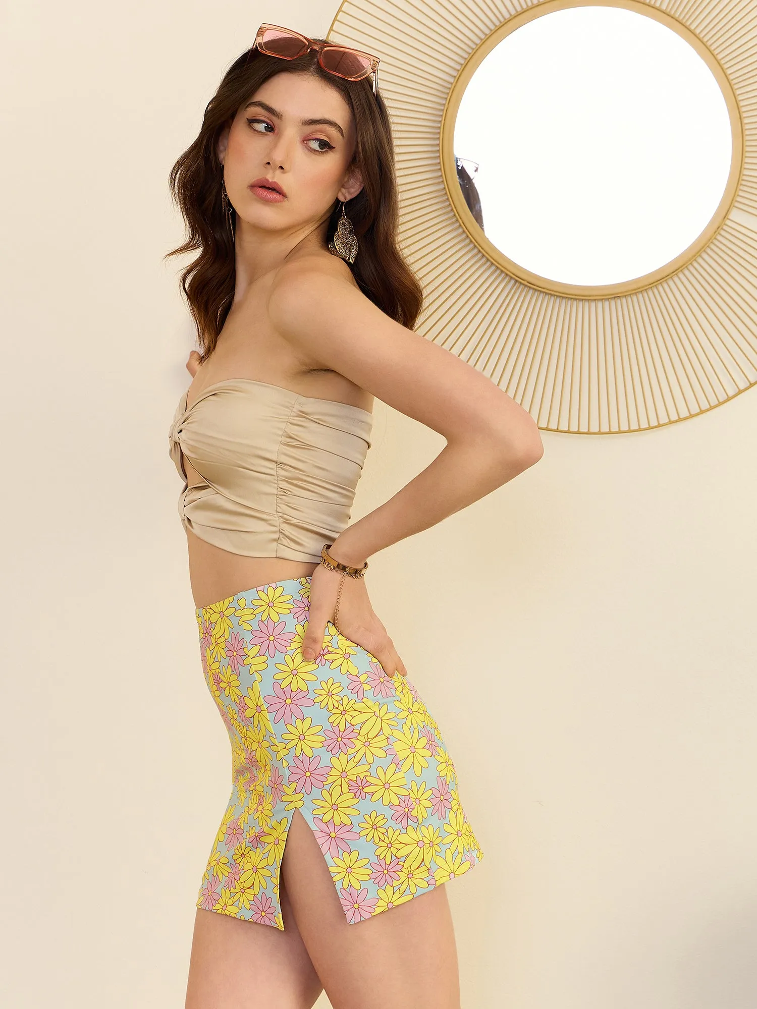 Berrylush Womens Floral Printed Mini Skirt - Blue, Yellow & Pink High-Rise Waist with Side Slit, Straight Hem, Knitted