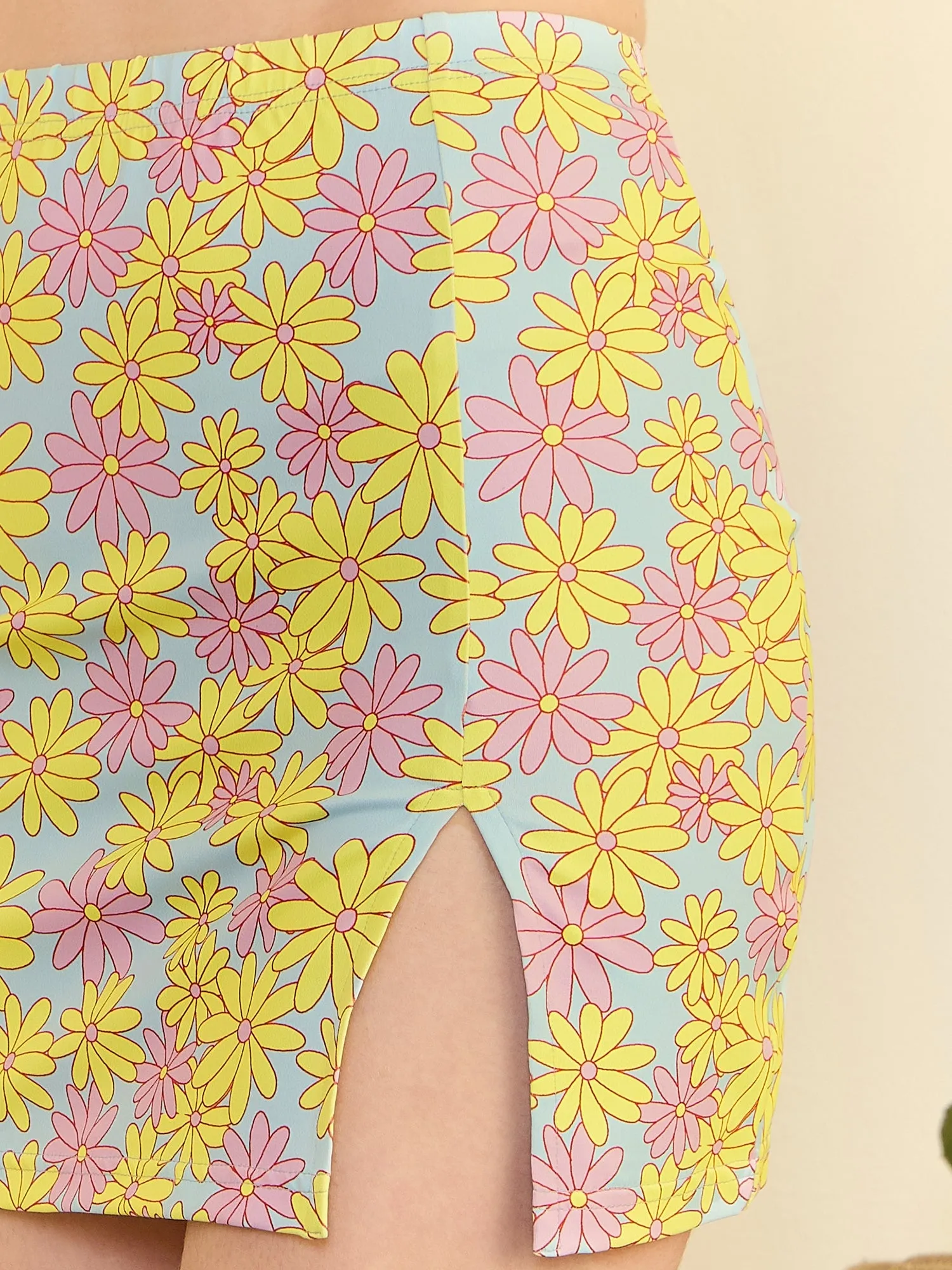 Berrylush Womens Floral Printed Mini Skirt - Blue, Yellow & Pink High-Rise Waist with Side Slit, Straight Hem, Knitted