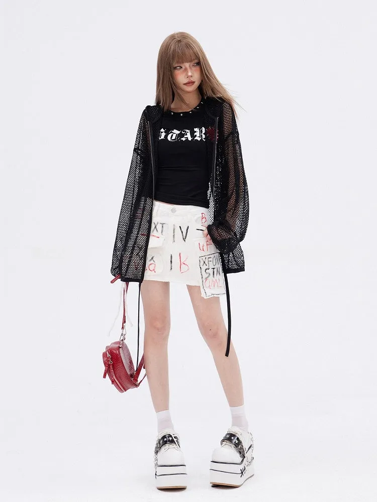 Black Hollow-out Heart Applique Zip Closure Long Sleeves Knitted Top