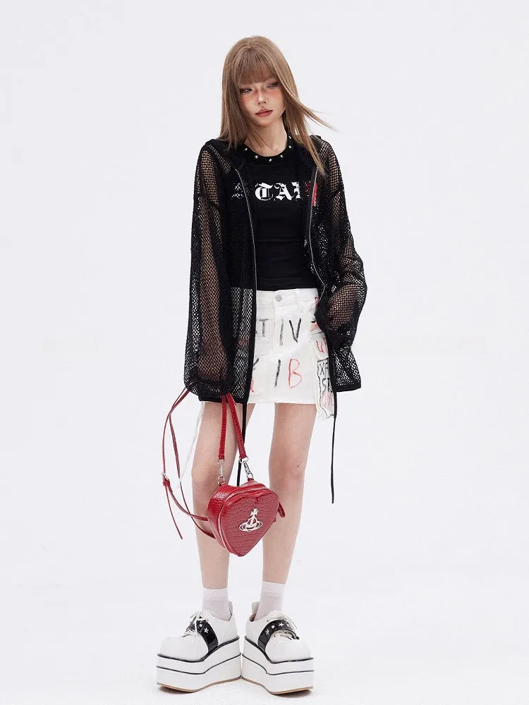 Black Hollow-out Heart Applique Zip Closure Long Sleeves Knitted Top