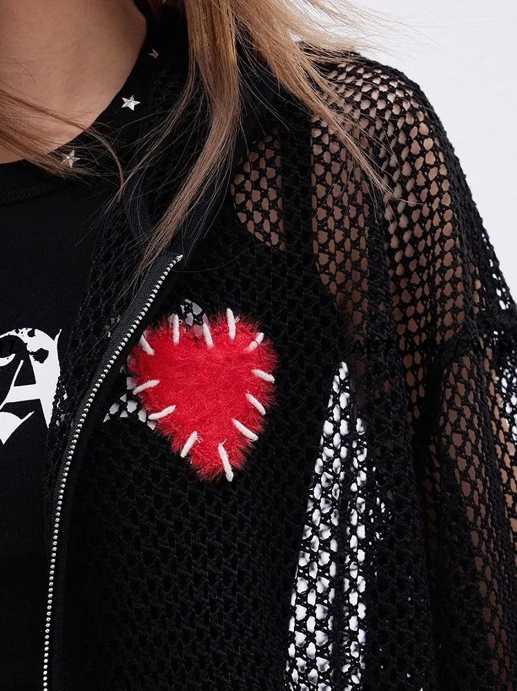 Black Hollow-out Heart Applique Zip Closure Long Sleeves Knitted Top