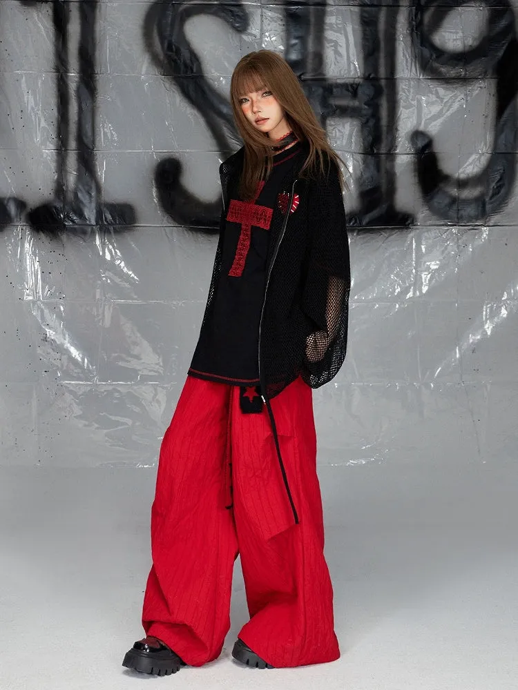 Black Hollow-out Heart Applique Zip Closure Long Sleeves Knitted Top