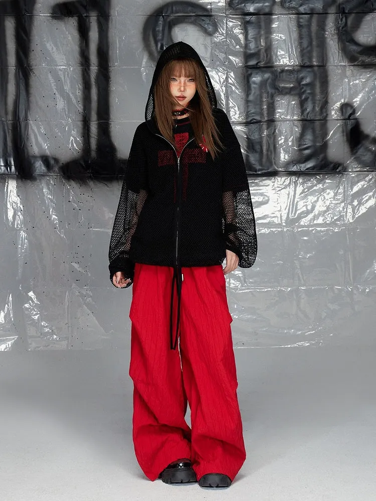 Black Hollow-out Heart Applique Zip Closure Long Sleeves Knitted Top