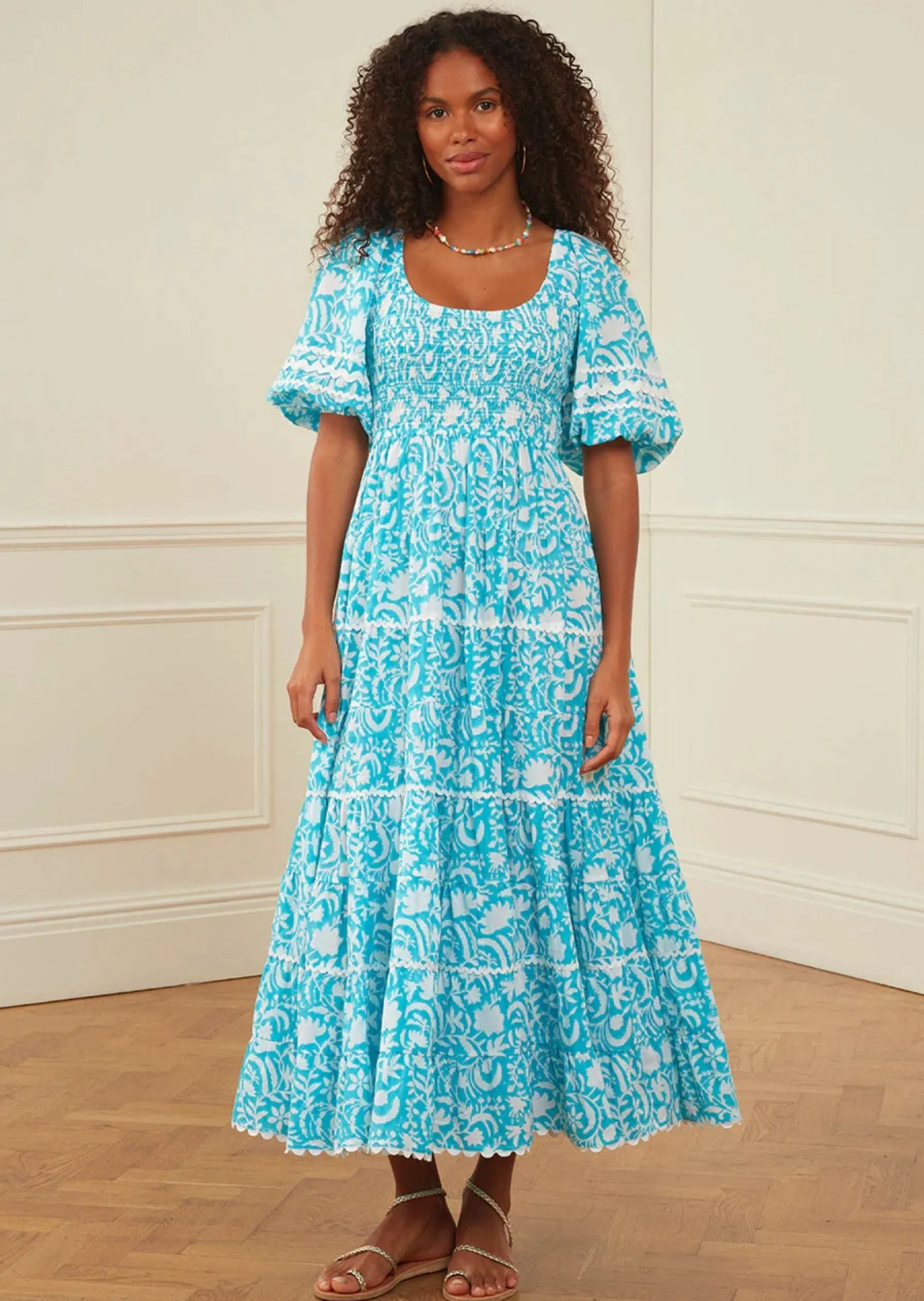 Block Print Maxi Dress Angelina in Aqua Begonia