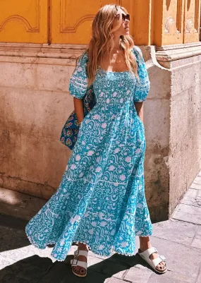 Block Print Maxi Dress Angelina in Aqua Begonia
