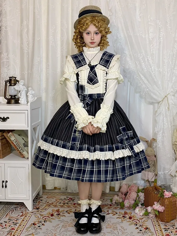 Blue Plaid and Black Striped Pattern Dress Detachable Collar and Tie Lolita Jumper Skirt