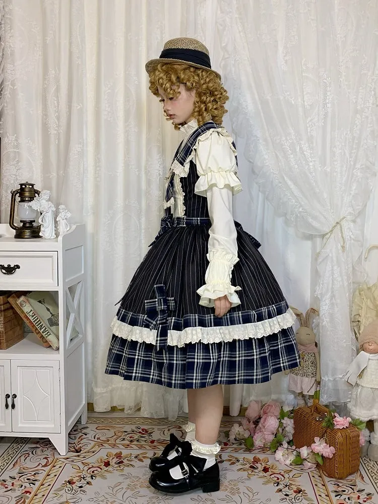 Blue Plaid and Black Striped Pattern Dress Detachable Collar and Tie Lolita Jumper Skirt