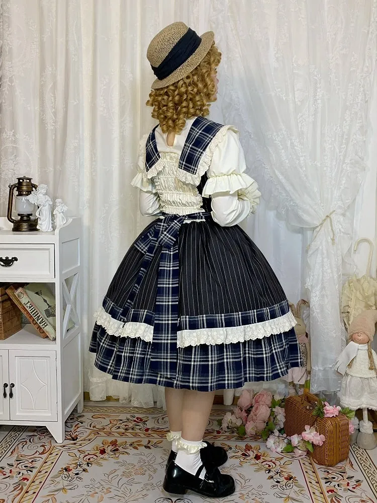 Blue Plaid and Black Striped Pattern Dress Detachable Collar and Tie Lolita Jumper Skirt