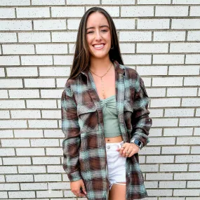 Mens Stylish Brown and Teal Plaid Button-Down Shirt