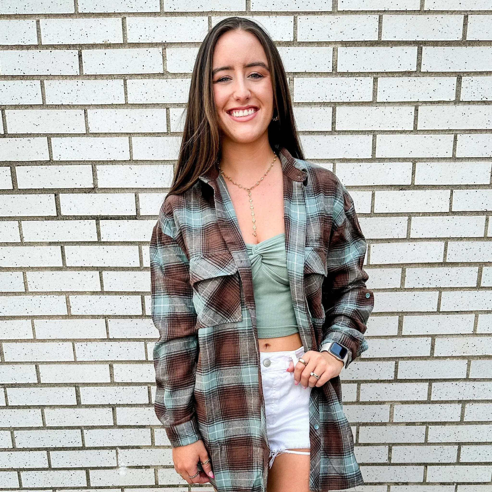 Mens Stylish Brown and Teal Plaid Button-Down Shirt