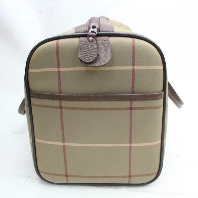 Burberry Window Pane Purses Greenish Khaki Red And Cream Plaid Heavy Canvas And Brown Leather Fabric