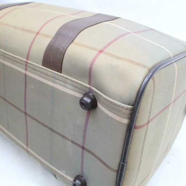 Burberry Window Pane Purses Greenish Khaki Red And Cream Plaid Heavy Canvas And Brown Leather Fabric