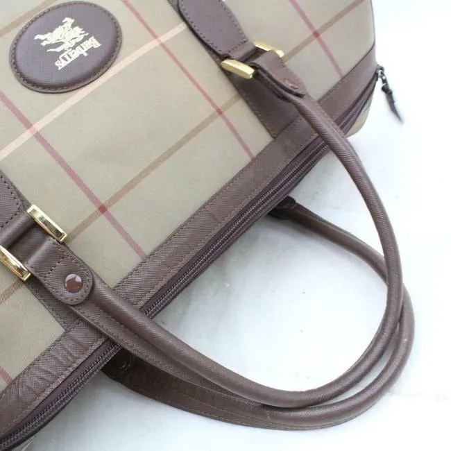 Burberry Window Pane Purses Greenish Khaki Red And Cream Plaid Heavy Canvas And Brown Leather Fabric