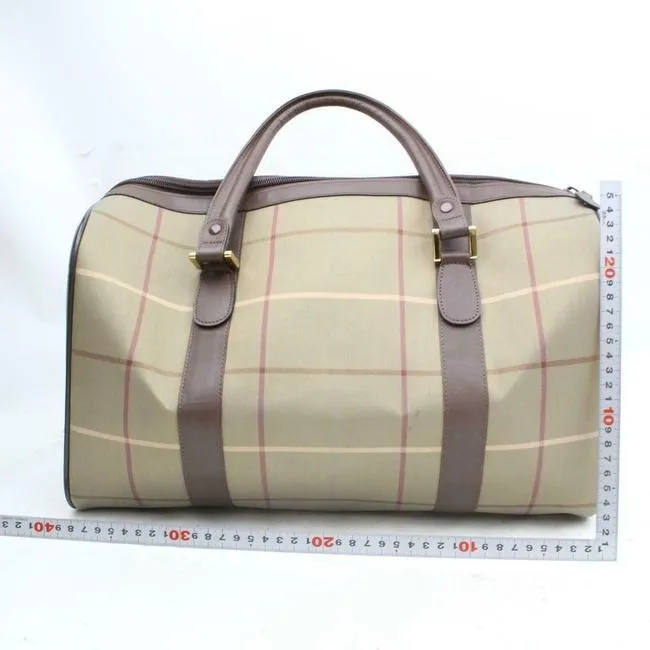 Burberry Window Pane Purses Greenish Khaki Red And Cream Plaid Heavy Canvas And Brown Leather Fabric