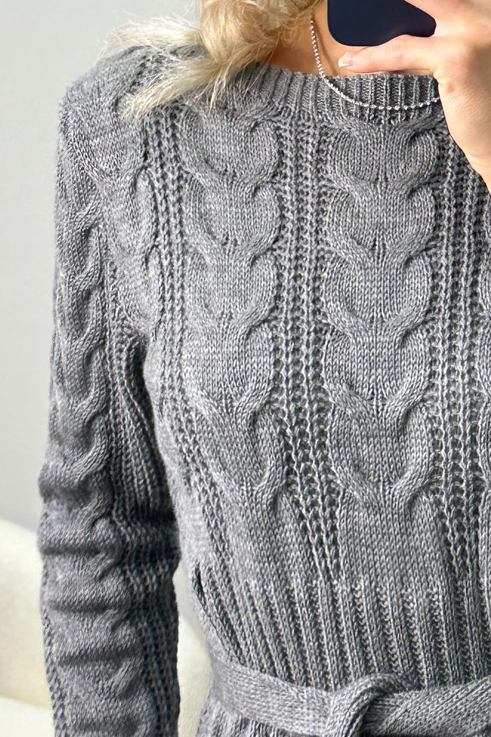 Charleen Grey Cable Knit Tie Belt Jumper Dress