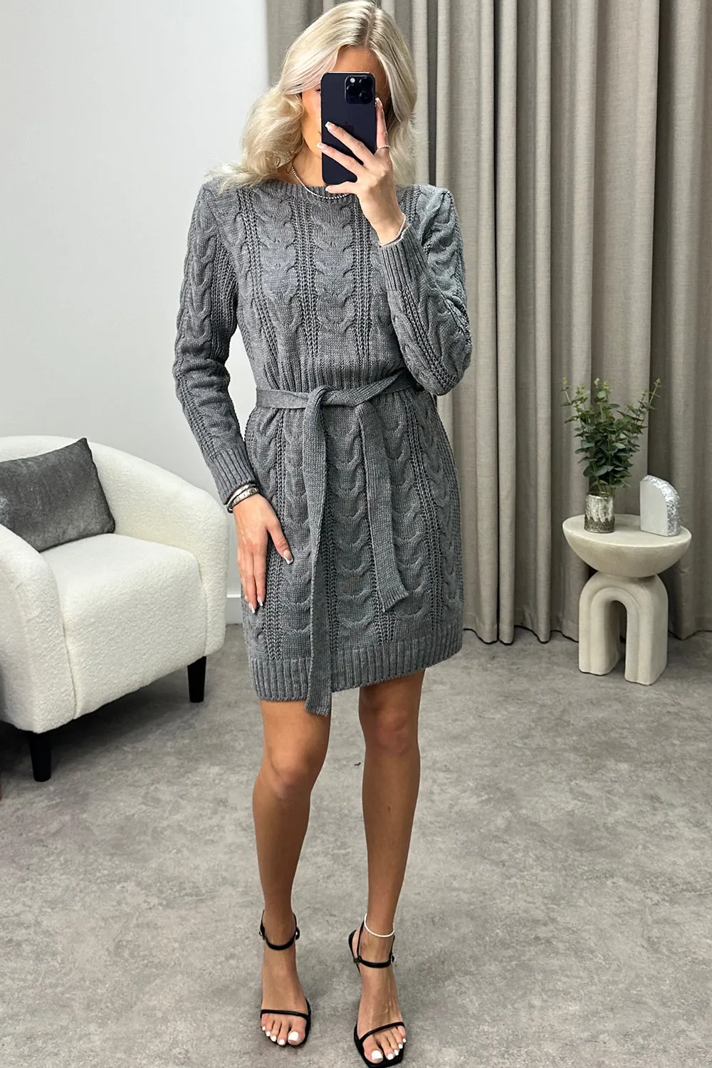 Charleen Grey Cable Knit Tie Belt Jumper Dress