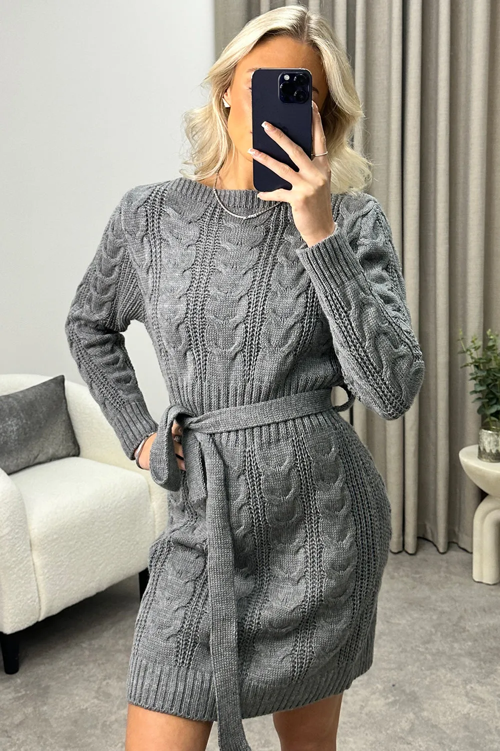 Charleen Grey Cable Knit Tie Belt Jumper Dress