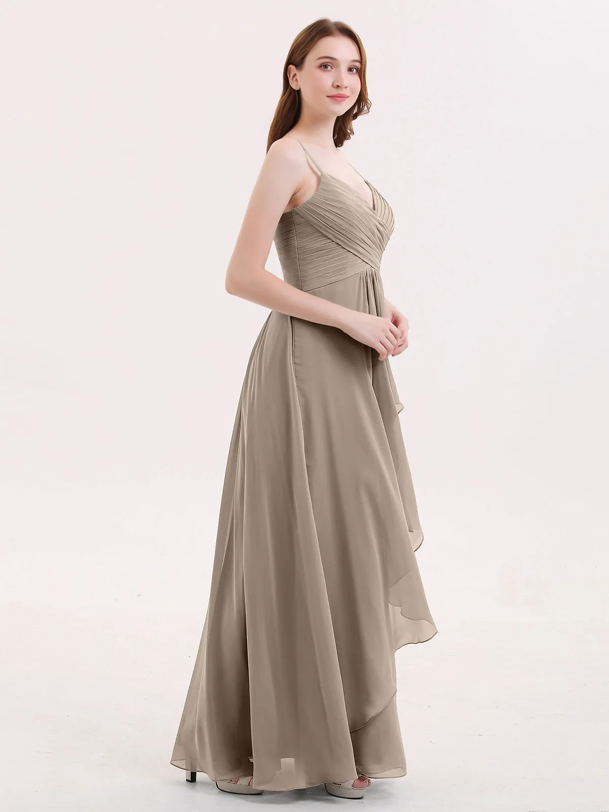 Chiffon Bridesmaid Dresses with Cascade Skirt-Taupe