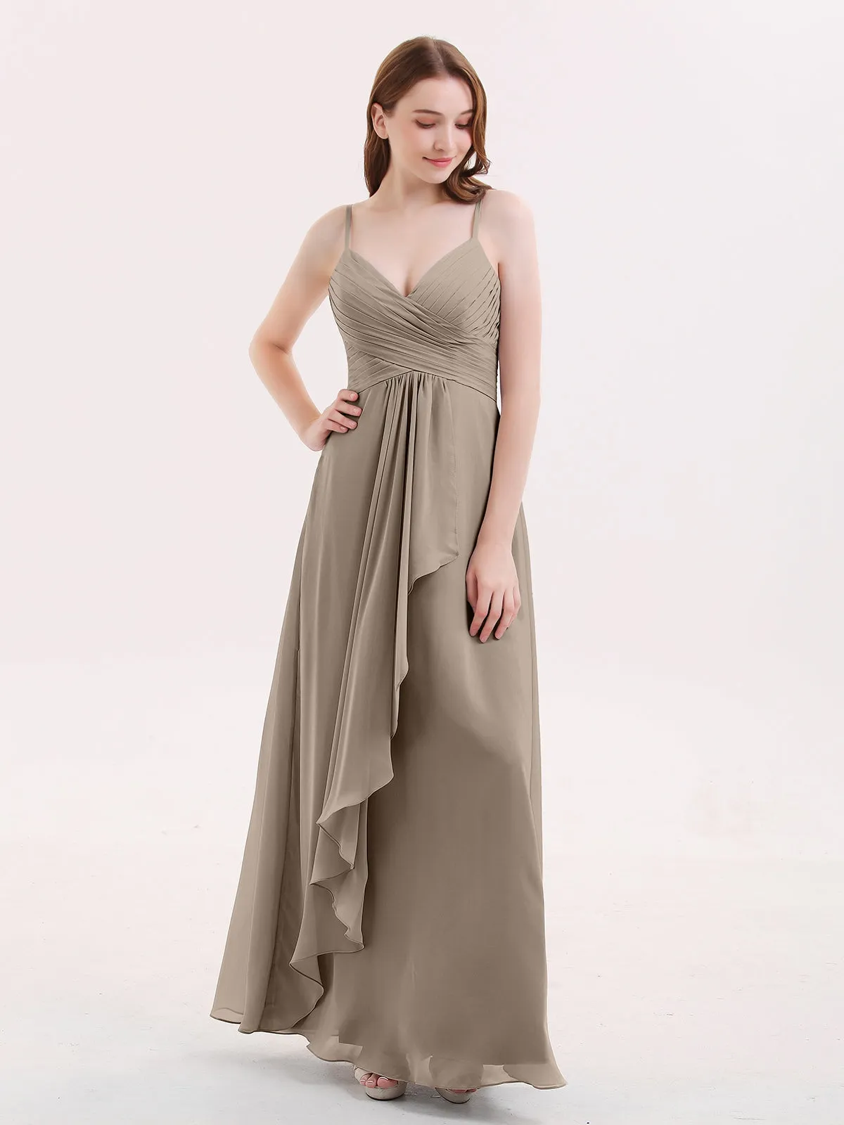 Chiffon Bridesmaid Dresses with Cascade Skirt-Taupe