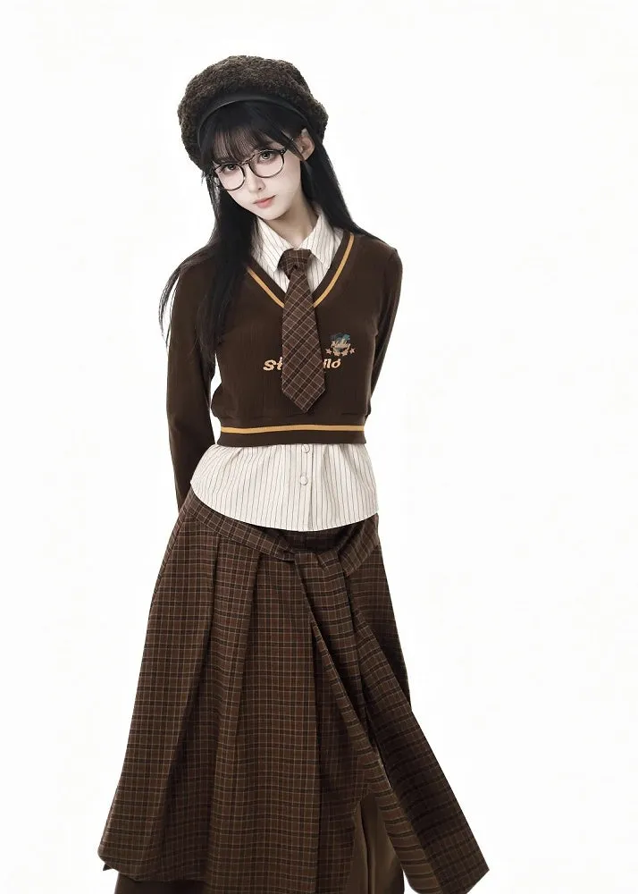 Coffee&White Fake Two-pieces Striped Sweat Shirt with Coffee Plaid Tie