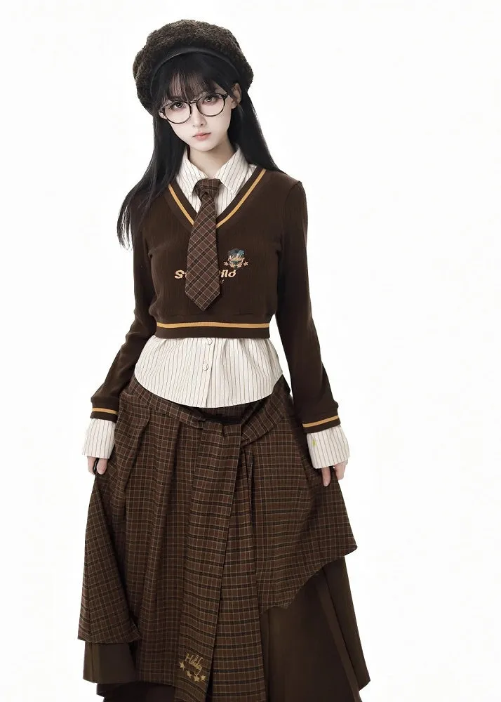 Coffee&White Fake Two-pieces Striped Sweat Shirt with Coffee Plaid Tie