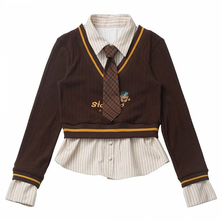 Coffee&White Fake Two-pieces Striped Sweat Shirt with Coffee Plaid Tie