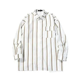 Contrasting color stripes irregular creative version type lace embroidered standard long sleeve shirt
