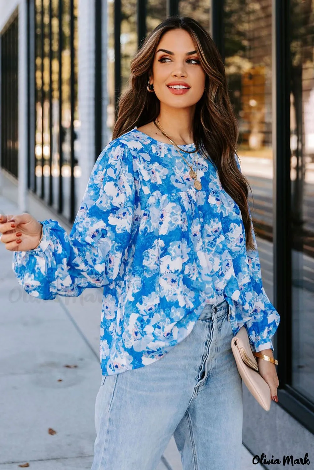 Deanwangkt - Baby Blue Floral Print Puff Sleeve Blouse
