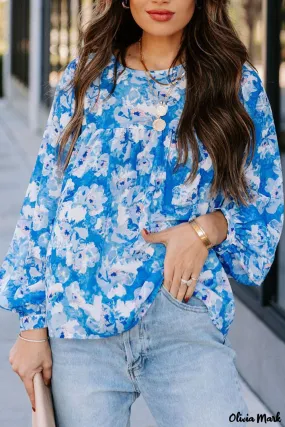 Deanwangkt - Baby Blue Floral Print Puff Sleeve Blouse