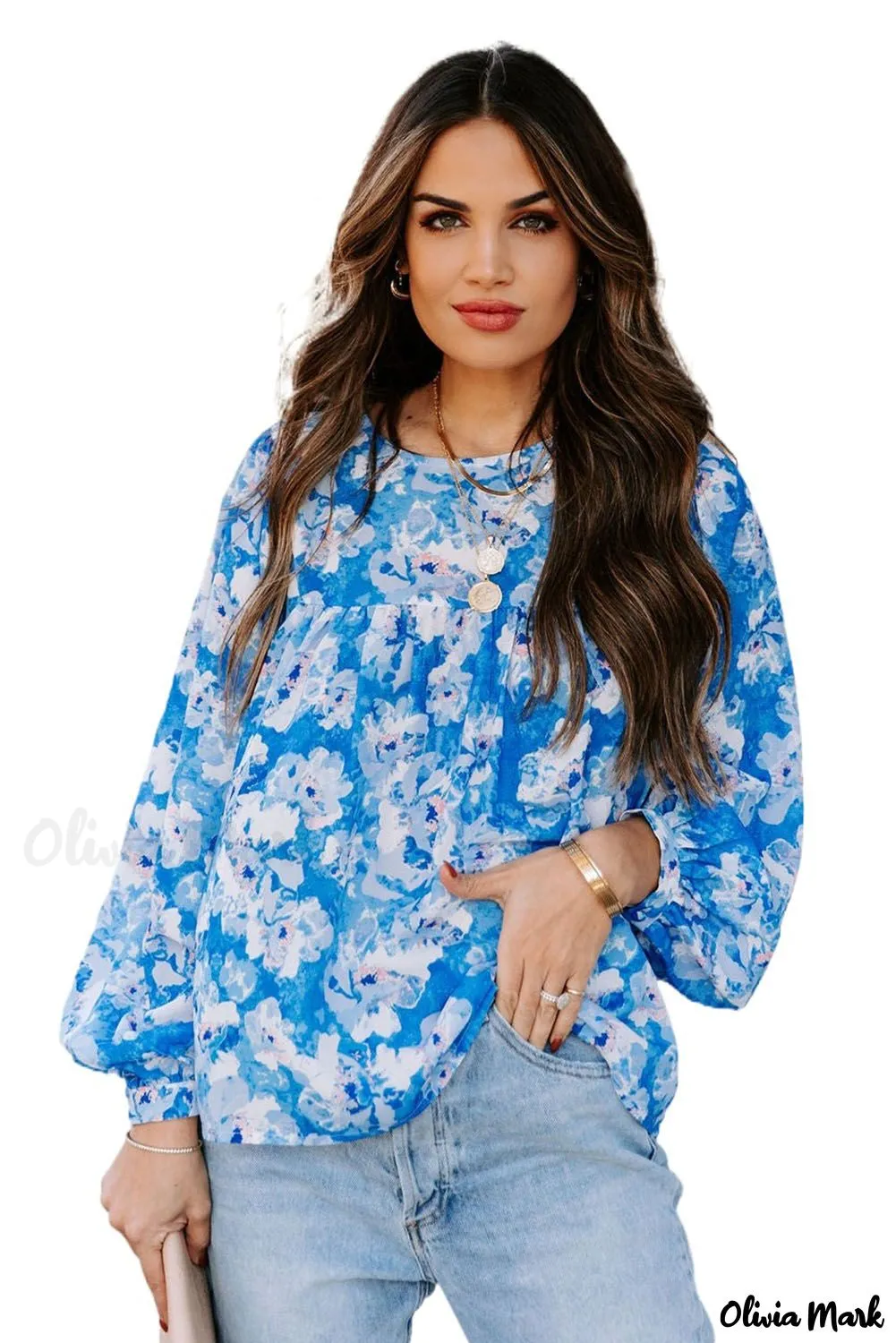 Deanwangkt - Baby Blue Floral Print Puff Sleeve Blouse